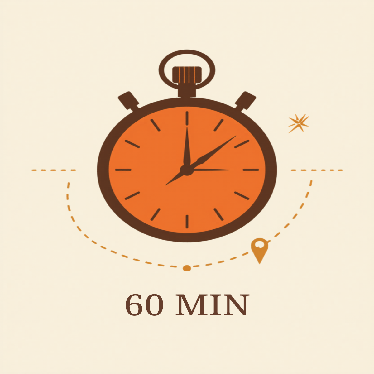 Editorial illustration of a stopwatch chronograph with route line and 60 minute notation